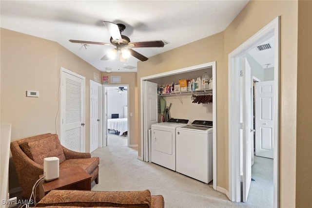 3940 Cherrybrook Loop, Fort Myers, FL 33966 - washroom featuring washing machine and clothes dryer, light colored carpet, and ceiling fan