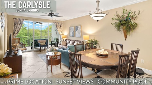 28750 Trails Edge Blvd Unit 303, Bonita Springs, FL 34134 - dining room featuring ornamental molding, light tile patterned floors, and a ceiling fan