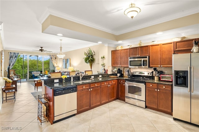 28750 Trails Edge Blvd Unit 303, Bonita Springs, FL 34134 - kitchen featuring stainless steel appliances, a peninsula, decorative backsplash, light tile patterned floors, and ceiling fan