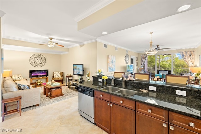 28750 Trails Edge Blvd Unit 303, Bonita Springs, FL 34134 - kitchen featuring dishwasher, a ceiling fan, ornamental molding, open floor plan, and light tile patterned flooring