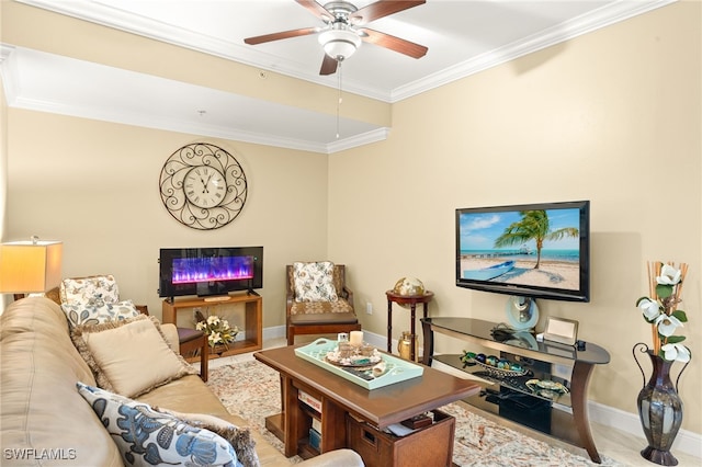 28750 Trails Edge Blvd Unit 303, Bonita Springs, FL 34134 - living room featuring crown molding, a ceiling fan, and wood finished floors
