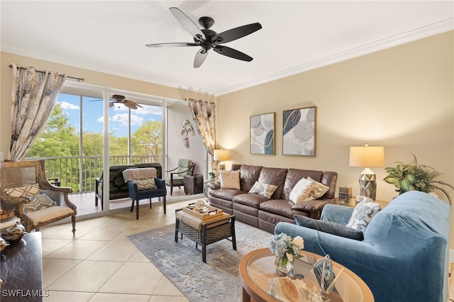 28750 Trails Edge Blvd Unit 303, Bonita Springs, FL 34134 - living room featuring ceiling fan, light tile patterned floors, and ornamental molding