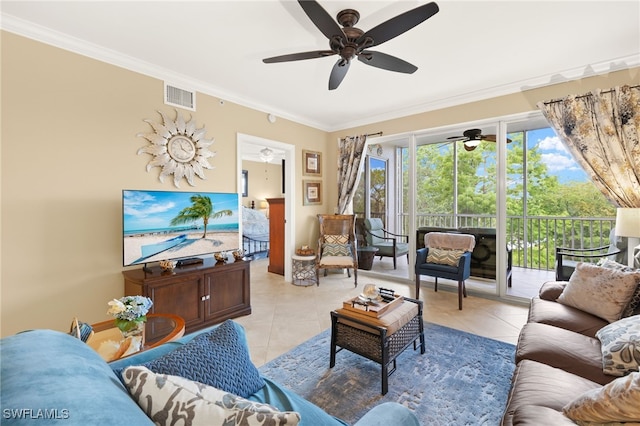 28750 Trails Edge Blvd Unit 303, Bonita Springs, FL 34134 - living room featuring a ceiling fan, crown molding, and light tile patterned floors