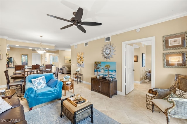 28750 Trails Edge Blvd Unit 303, Bonita Springs, FL 34134 - living area featuring ceiling fan, crown molding, and light tile patterned flooring