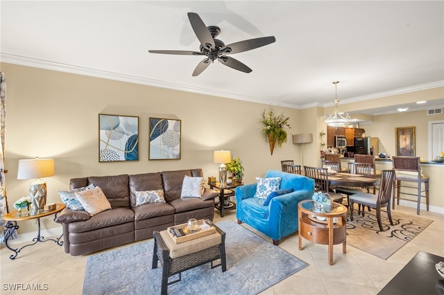 28750 Trails Edge Blvd Unit 303, Bonita Springs, FL 34134 - living area featuring light tile patterned flooring, ornamental molding, and a ceiling fan