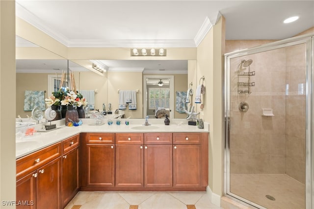 28750 Trails Edge Blvd Unit 303, Bonita Springs, FL 34134 - bathroom featuring connected bathroom, double vanity, crown molding, tile patterned flooring, and a stall shower