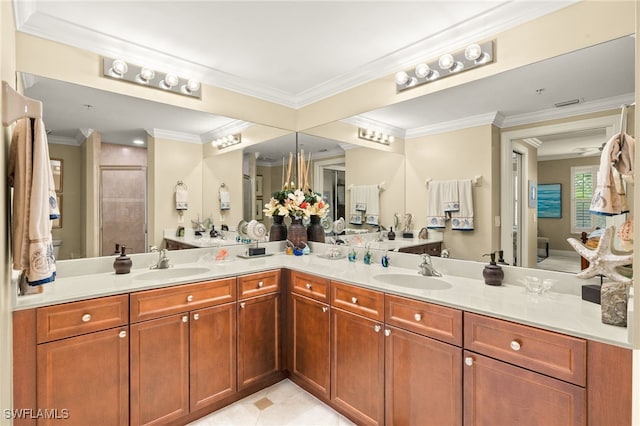 28750 Trails Edge Blvd Unit 303, Bonita Springs, FL 34134 - bathroom with double vanity, crown molding, and tiled shower