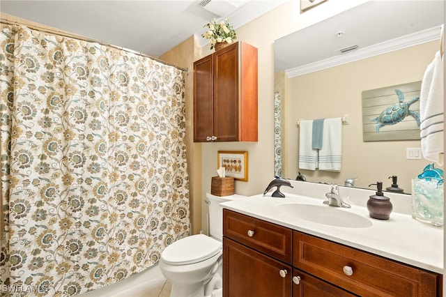 28750 Trails Edge Blvd Unit 303, Bonita Springs, FL 34134 - bathroom with vanity, crown molding, a shower with curtain, and tile patterned flooring