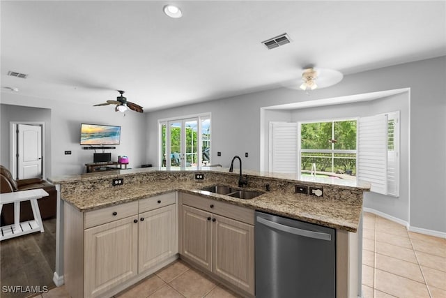 21314 Braxfield Loop, Estero, FL 33928 - kitchen featuring dishwasher, a sink, a ceiling fan, open floor plan, and light stone counters