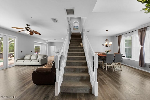 21314 Braxfield Loop, Estero, FL 33928 - stairway with wood finished floors, ceiling fan, a chandelier, and baseboards