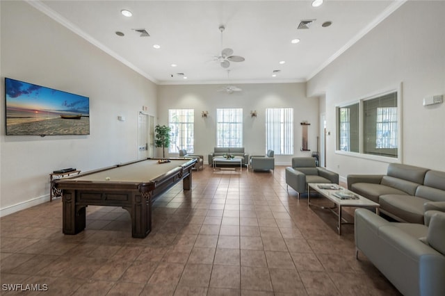 8244 Key Royal Cir Unit 615, Naples, FL 34119 - rec room featuring recessed lighting, ceiling fan, pool table, tile patterned floors, and ornamental molding