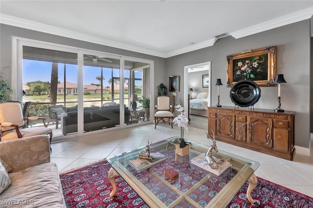 5963 Sand Wedge Ln Unit 203, Naples, FL 34110 - living room featuring light tile patterned flooring, plenty of natural light, crown molding, and a ceiling fan