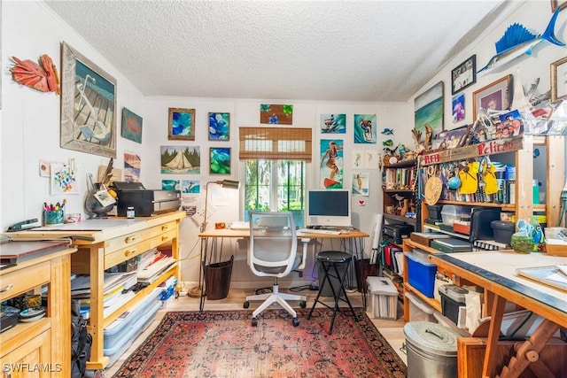 5228 Stringfellow Rd, Saint James City, FL 33956 - office area with a textured ceiling, wood finished floors, and ornamental molding
