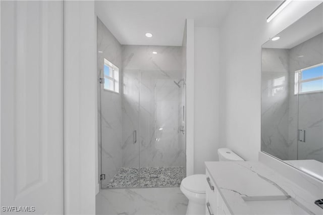 420-422 Grant Blvd, Lehigh Acres, FL 33974 - bathroom with a marble finish shower, vanity, marble finish flooring, and recessed lighting