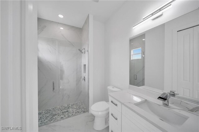 420-422 Grant Blvd, Lehigh Acres, FL 33974 - bathroom featuring a marble finish shower, marble look tiles, vanity, and recessed lighting