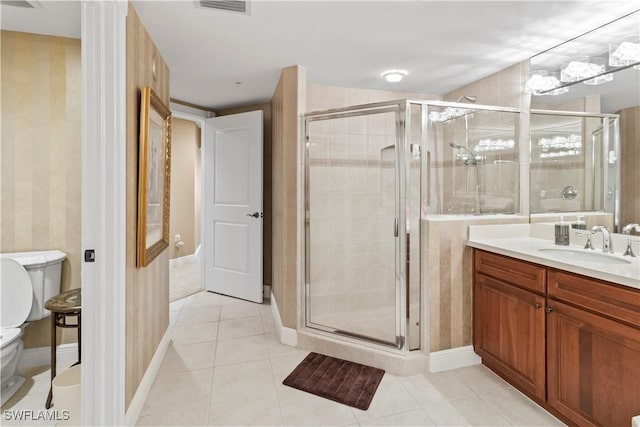 6021 Silver King Blvd Unit 302, Cape Coral, FL 33914 - full bathroom with vanity, a stall shower, wallpapered walls, and tile patterned floors