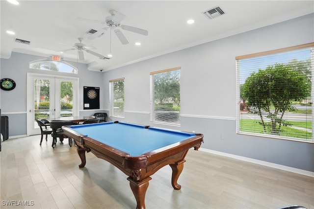 2232 Carnaby Ct, Lehigh Acres, FL 33973 - recreation room featuring plenty of natural light, crown molding, a ceiling fan, billiards table, and light wood-style flooring