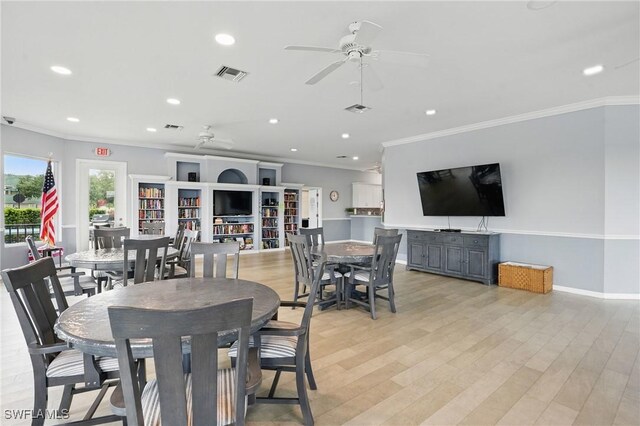 2232 Carnaby Ct, Lehigh Acres, FL 33973 - dining area featuring ceiling fan, ornamental molding, recessed lighting, and light wood-style floors