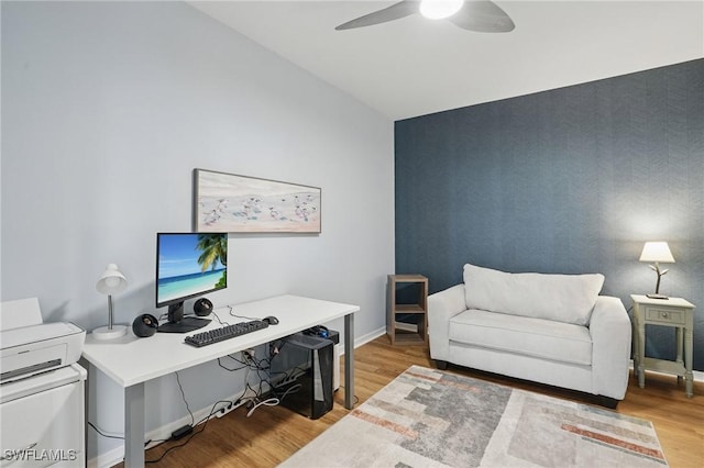2232 Carnaby Ct, Lehigh Acres, FL 33973 - office space with wood finished floors, a ceiling fan, and lofted ceiling