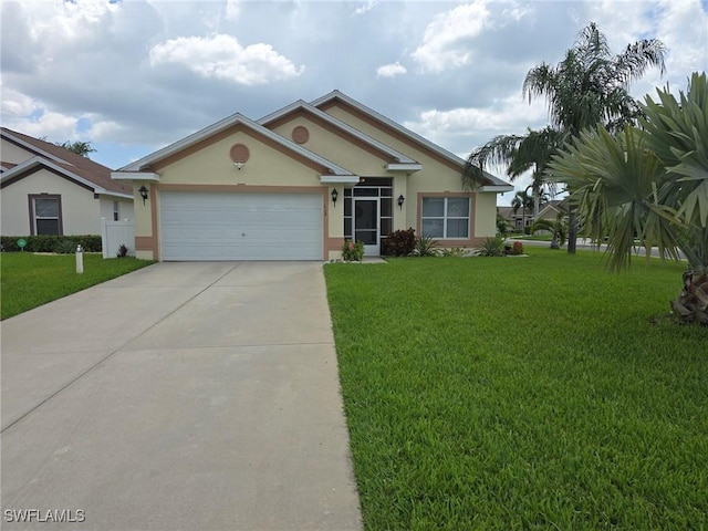8340 Gassner Way, Lehigh Acres, FL 33972 - single story home with stucco siding, an attached garage, concrete driveway, and a front lawn