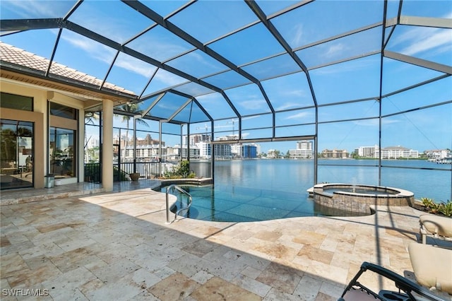 431 Palm Ct, Naples, FL 34108 - view of swimming pool featuring a pool with connected hot tub, a patio area, a view of city, and a lanai