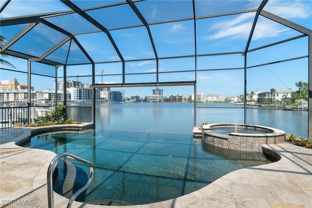 431 Palm Ct, Naples, FL 34108 - view of pool with a pool with connected hot tub, a view of city, a water view, and glass enclosure