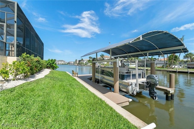 431 Palm Ct, Naples, FL 34108 - dock area featuring boat lift, a water view, and a lawn