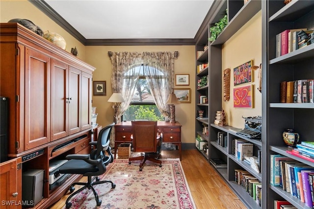 431 Palm Ct, Naples, FL 34108 - office area with ornamental molding, wood finished floors, and built in features