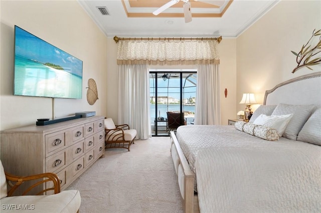 431 Palm Ct, Naples, FL 34108 - bedroom with light colored carpet, access to outside, crown molding, ceiling fan, and a raised ceiling