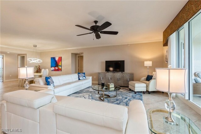 1050 Borghese Ln Unit 605, Naples, FL 34114 - living area with a ceiling fan, ornamental molding, and light tile patterned floors