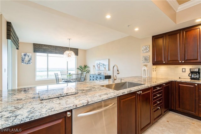 1050 Borghese Ln Unit 605, Naples, FL 34114 - kitchen featuring dishwasher, light stone counters, a peninsula, a chandelier, and decorative backsplash