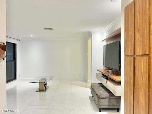 1110 Rushmore Ave N, Lehigh Acres, FL 33936 - unfurnished living room featuring ornamental molding, light marble finish floors, and recessed lighting