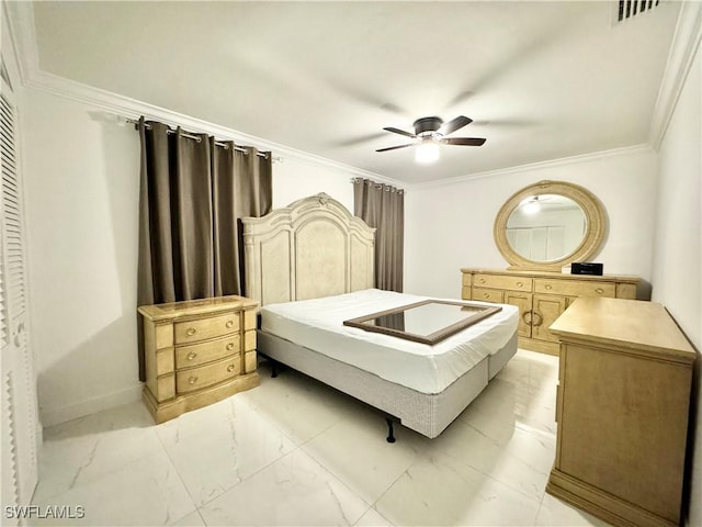 1110 Rushmore Ave N, Lehigh Acres, FL 33936 - bedroom with light marble finish floors, crown molding, and a ceiling fan