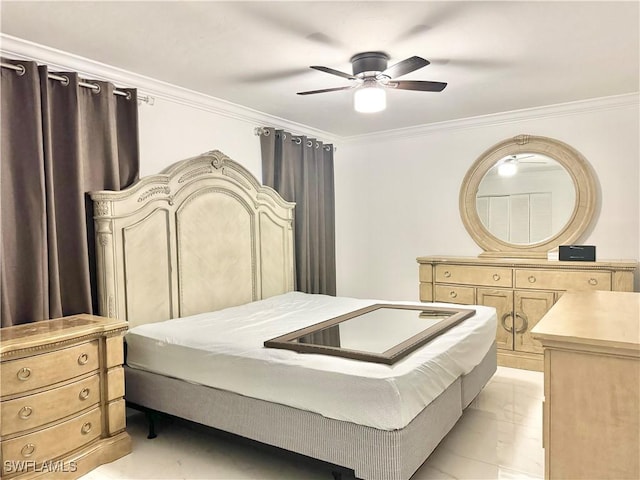 1110 Rushmore Ave N, Lehigh Acres, FL 33936 - bedroom with light marble finish floors, crown molding, and a ceiling fan