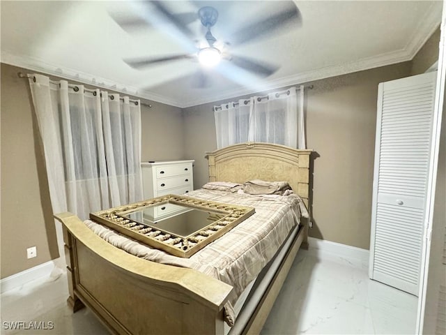 1110 Rushmore Ave N, Lehigh Acres, FL 33936 - bedroom featuring light marble finish flooring, crown molding, and ceiling fan