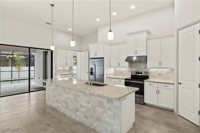 3318 NW 1st Ter, Cape Coral, FL 33993 - kitchen with stainless steel appliances, under cabinet range hood, plenty of natural light, tasteful backsplash, and a high ceiling