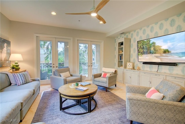 2855 Tiburon Blvd E Unit 102, Naples, FL 34109 - living room with french doors, a ceiling fan, recessed lighting, and wallpapered walls