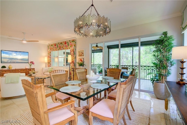 2855 Tiburon Blvd E Unit 102, Naples, FL 34109 - dining room featuring plenty of natural light, light tile patterned floors, crown molding, a chandelier, and a ceiling fan