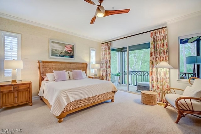 2855 Tiburon Blvd E Unit 102, Naples, FL 34109 - bedroom featuring ornamental molding, access to exterior, light colored carpet, and ceiling fan