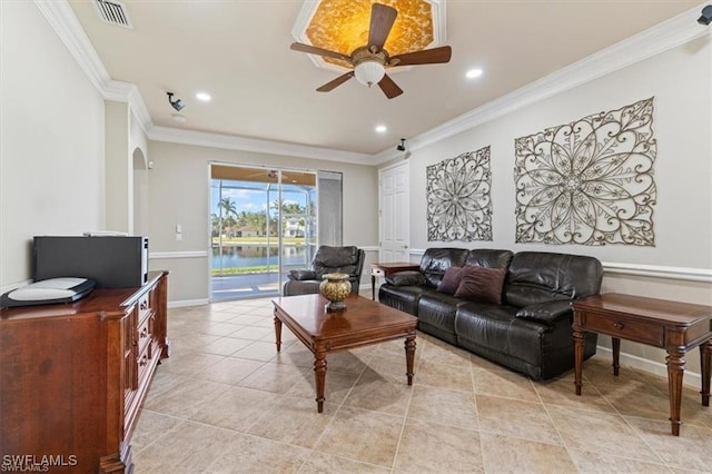 14266 Reflection Lakes Dr, Fort Myers, FL 33907 - living area featuring a ceiling fan, ornamental molding, light tile patterned flooring, recessed lighting, and a water view