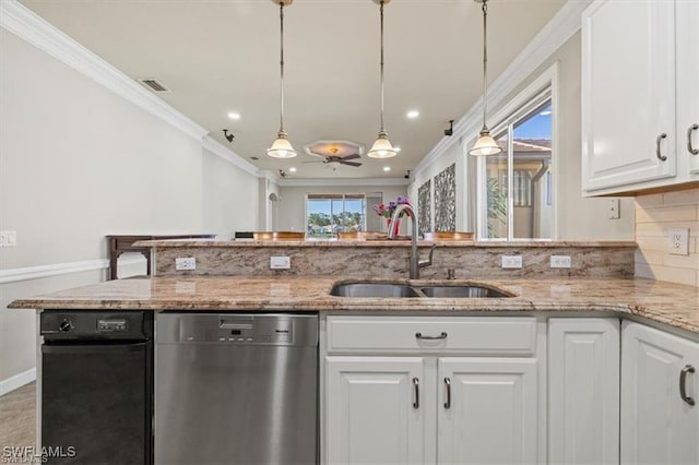 14266 Reflection Lakes Dr, Fort Myers, FL 33907 - kitchen with dishwasher, ornamental molding, backsplash, white cabinets, and hanging light fixtures