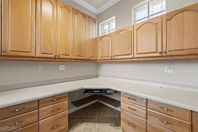 14266 Reflection Lakes Dr, Fort Myers, FL 33907 - unfurnished office with crown molding, built in desk, and tile patterned flooring