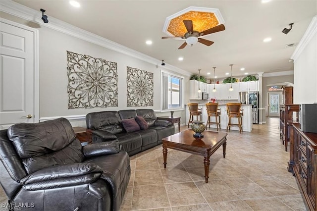 14266 Reflection Lakes Dr, Fort Myers, FL 33907 - living area with ceiling fan, ornamental molding, and recessed lighting