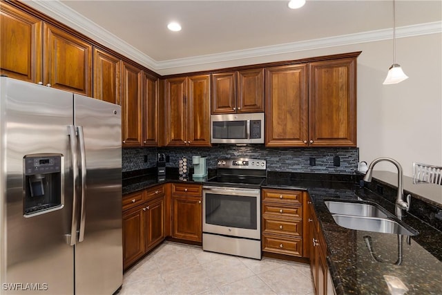 9051 Capistrano St N Unit 4302, Naples, FL 34113 - kitchen with appliances with stainless steel finishes, crown molding, light tile patterned floors, decorative backsplash, and dark stone counters