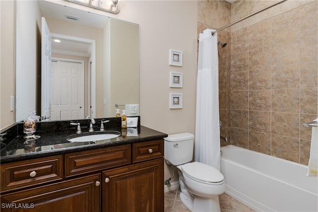 9051 Capistrano St N Unit 4302, Naples, FL 34113 - bathroom with vanity, shower / bath combo with shower curtain, tile patterned floors, and ornamental molding