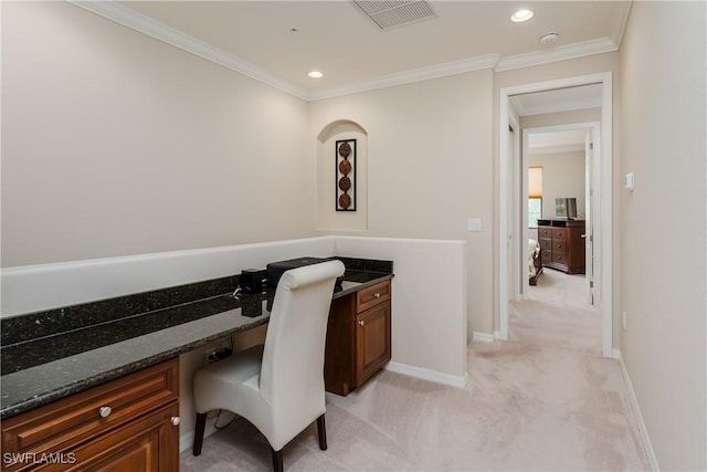 9051 Capistrano St N Unit 4302, Naples, FL 34113 - unfurnished office with built in desk, light carpet, crown molding, and recessed lighting