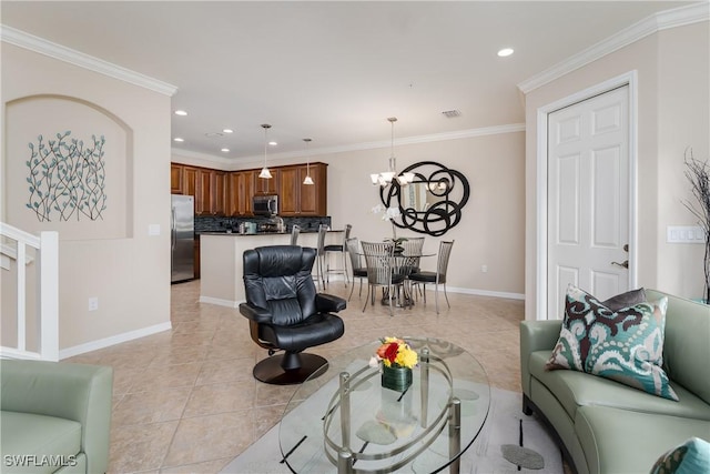 9051 Capistrano St N Unit 4302, Naples, FL 34113 - living area featuring light tile patterned flooring, recessed lighting, a chandelier, and ornamental molding