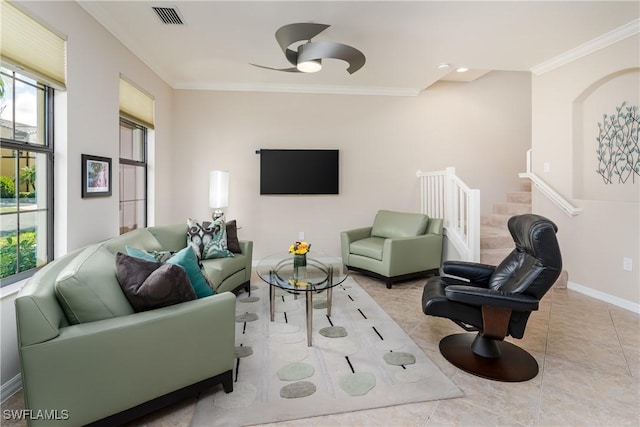 9051 Capistrano St N Unit 4302, Naples, FL 34113 - tiled living area featuring crown molding, stairs, and a ceiling fan