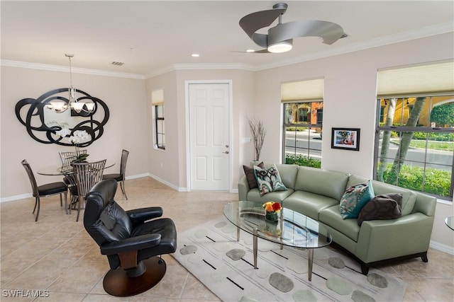 9051 Capistrano St N Unit 4302, Naples, FL 34113 - living area with a chandelier, plenty of natural light, ornamental molding, light tile patterned floors, and recessed lighting
