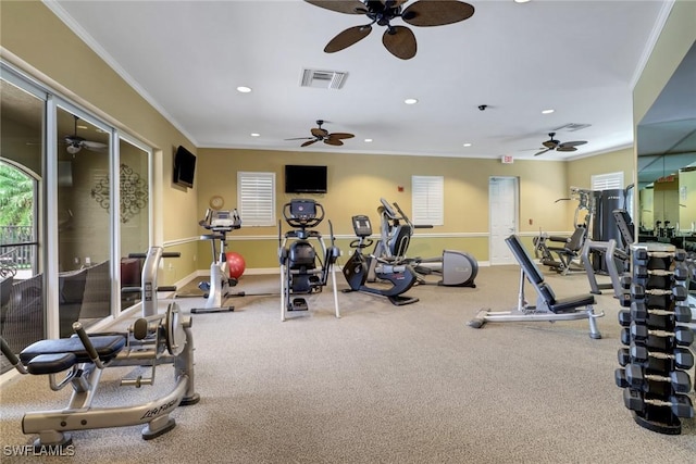 7327 Acorn Way, Naples, FL 34119 - gym featuring a ceiling fan, recessed lighting, ornamental molding, carpet, and baseboards